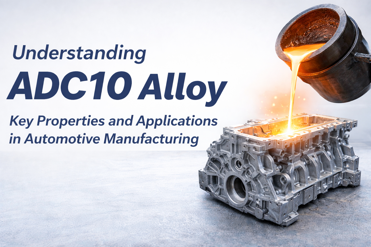Molten aluminum pouring into an aluminum engine block with the headline 'Understanding ADC10 Alloy' on the left.